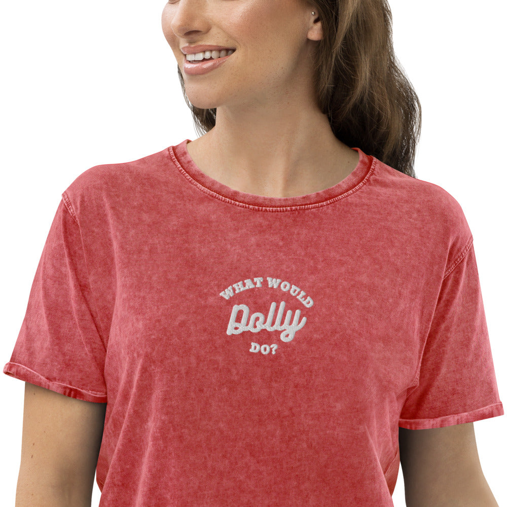 What Would Dolly Do? Embroidered Denim Curve T-Shirt